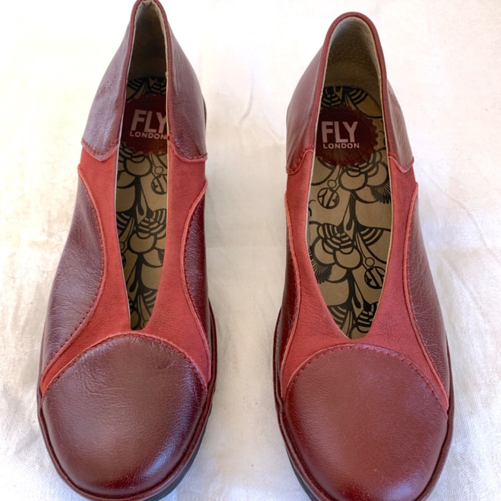 Fly London Burgundy Wedge Heels - Picture 2 of 13